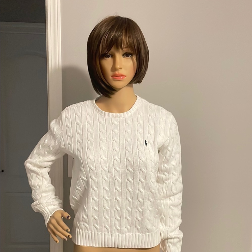 Vintage Ralph Lauren White Crew Neck Cable Knit Sweater Made in Hong Kong
